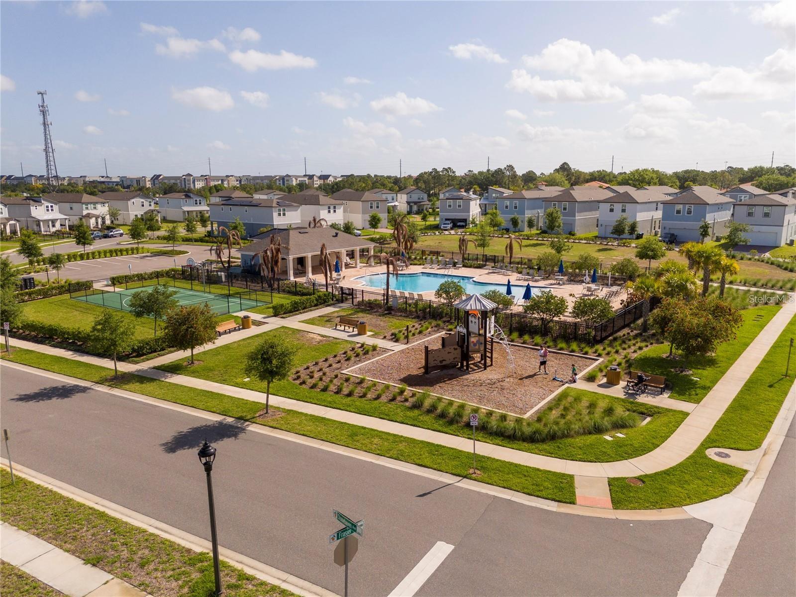 Aerial overview of the community amenities