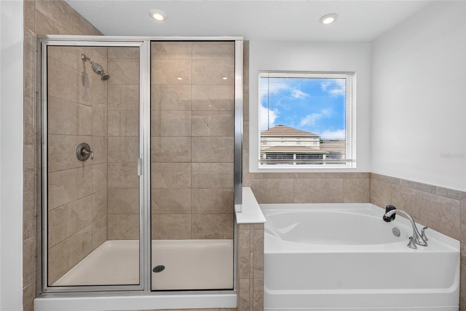 Primary bathroom shower and tub 2