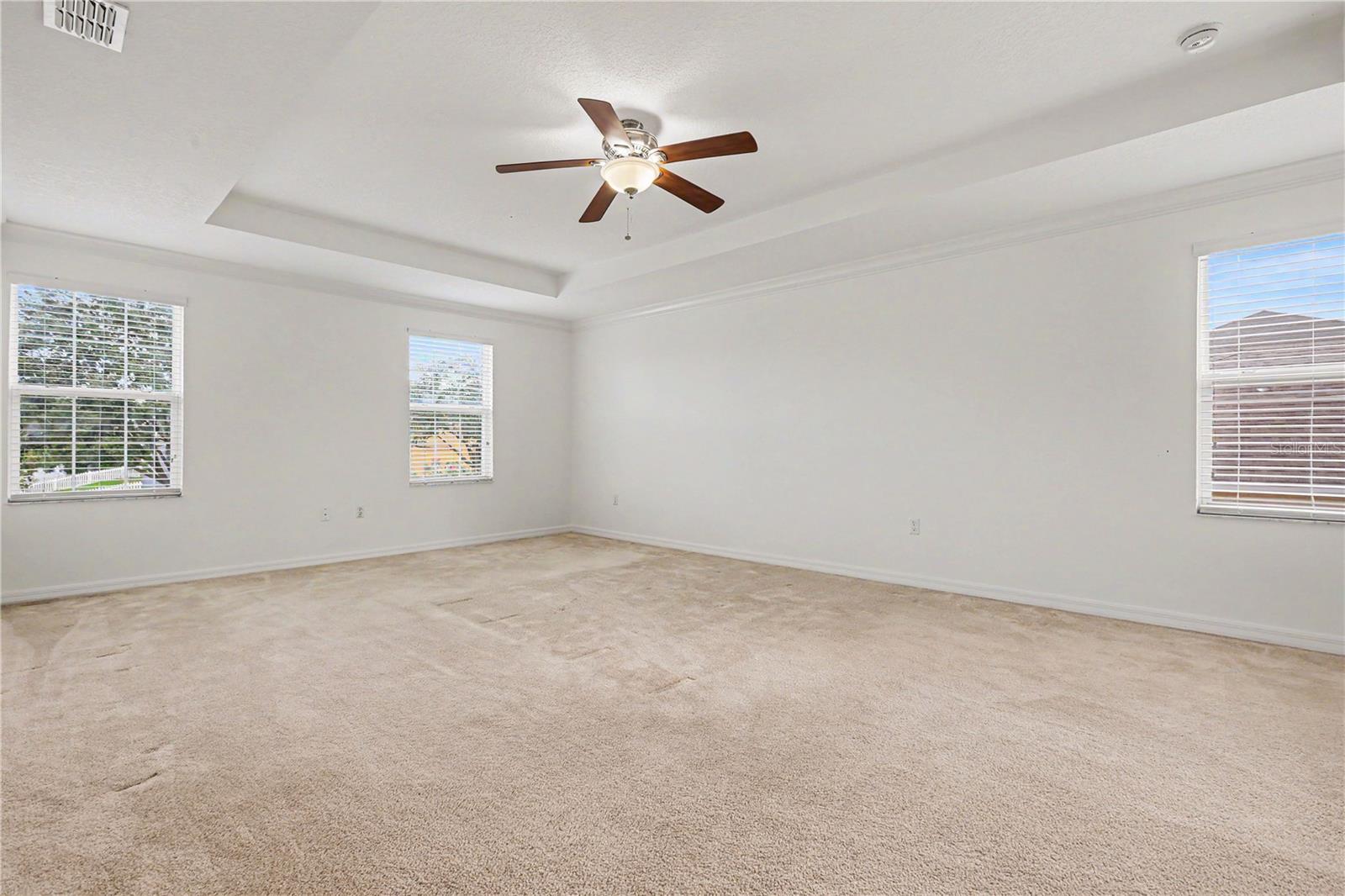 spacious primary master bedroom with tray ceilings on second floor