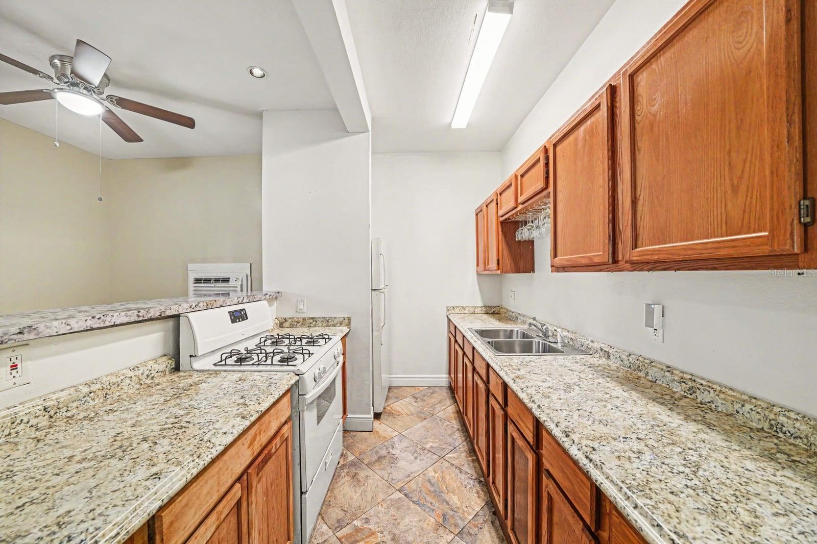 Galley Kitchen with Wood Cabinetry, Granite Counters & Stainless Steel Appliances Galley Kitchen with Wood Cabinetry, Granite Counters & Stainless Steel Appliances
