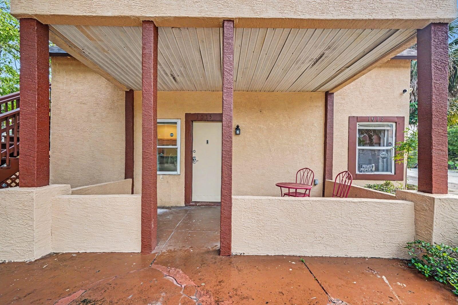Covered Patio With Metal Beam Support & Brick Flooring Covered Patio With Metal Beam Support & Brick Flooring