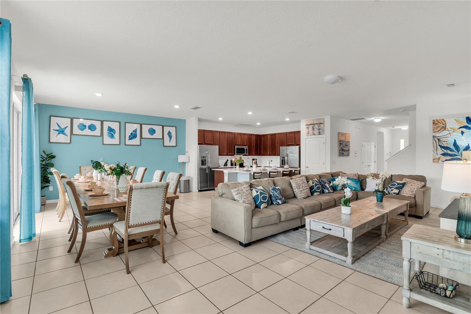 View into Living room, Kitchen and dining room