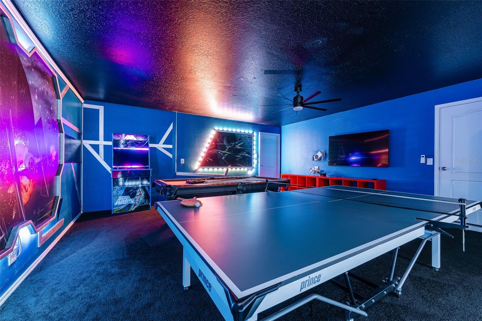 An Immersive Gaming Experience with Vibrant LED Lighting, Pool Table and Multiple Entertainment Options