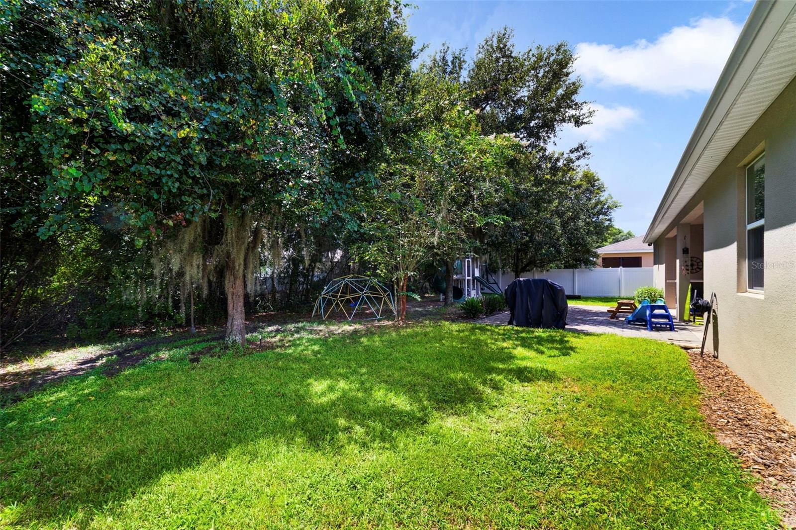 Backyard, wooded views.
