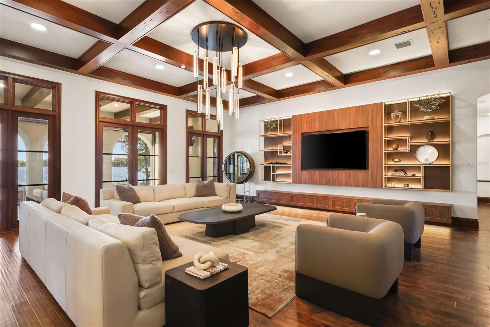 Living room with custom built ins