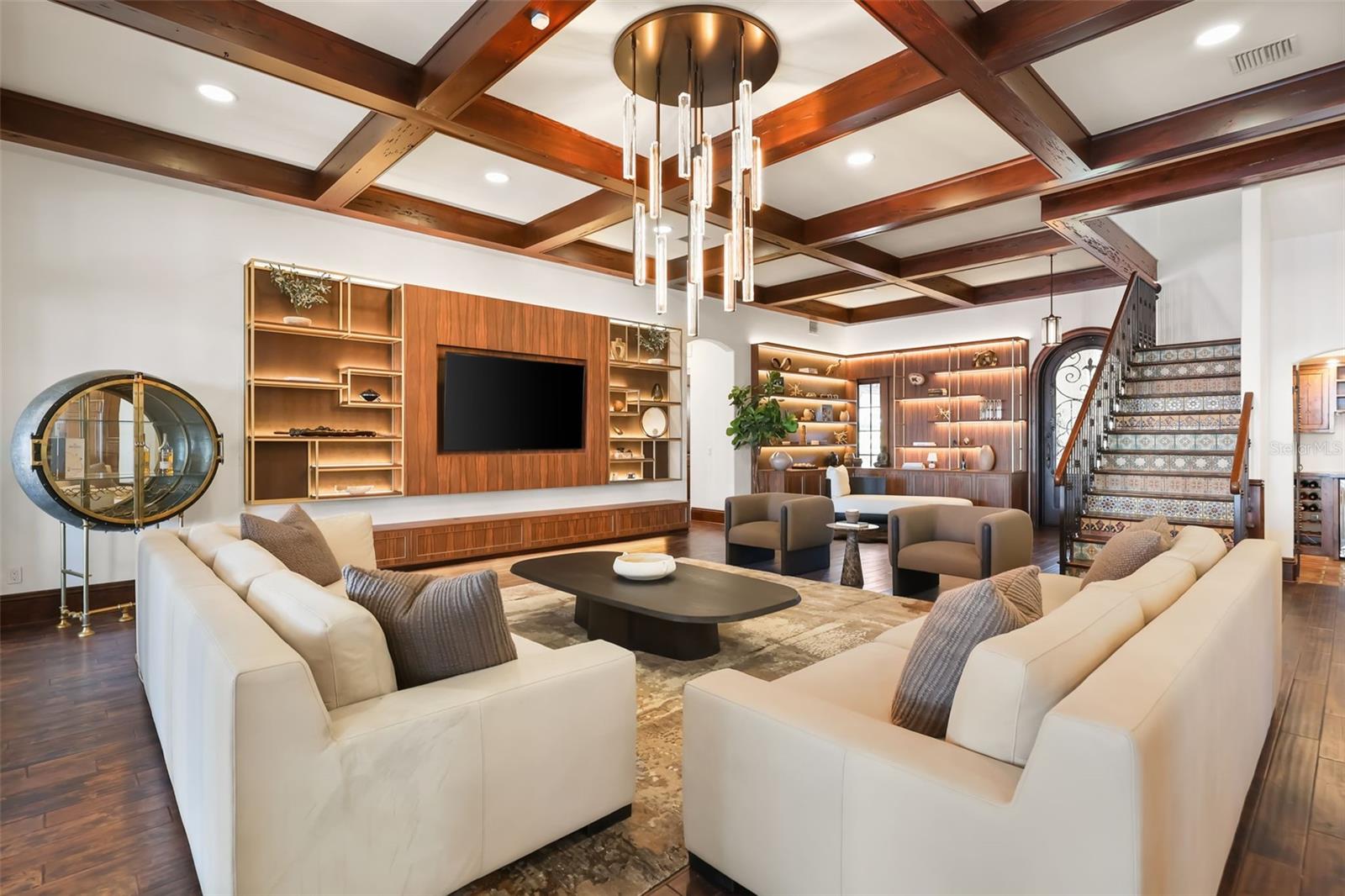 Living room with custom built in