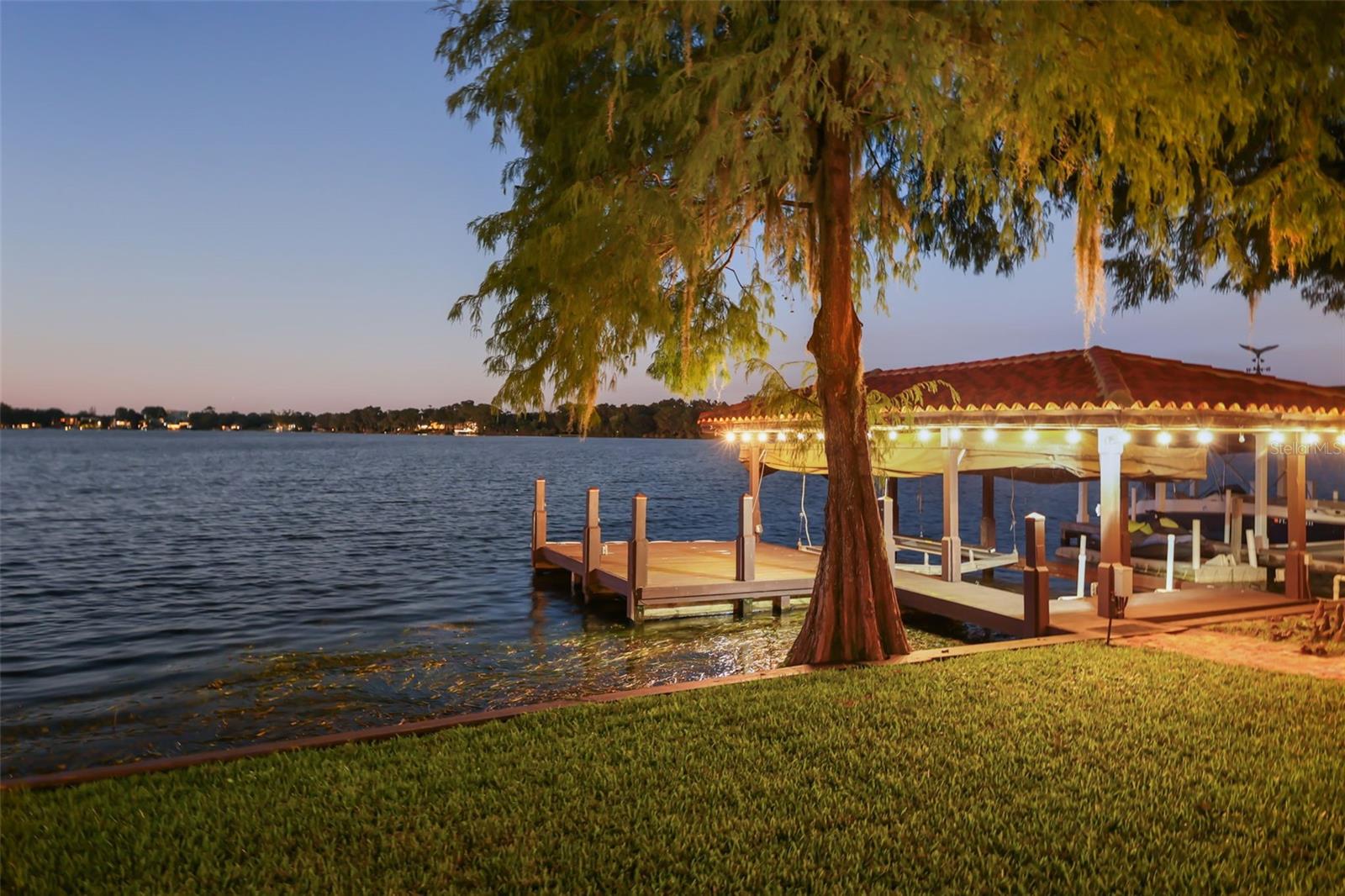 Twilight vibes at the dock with powered boat lift