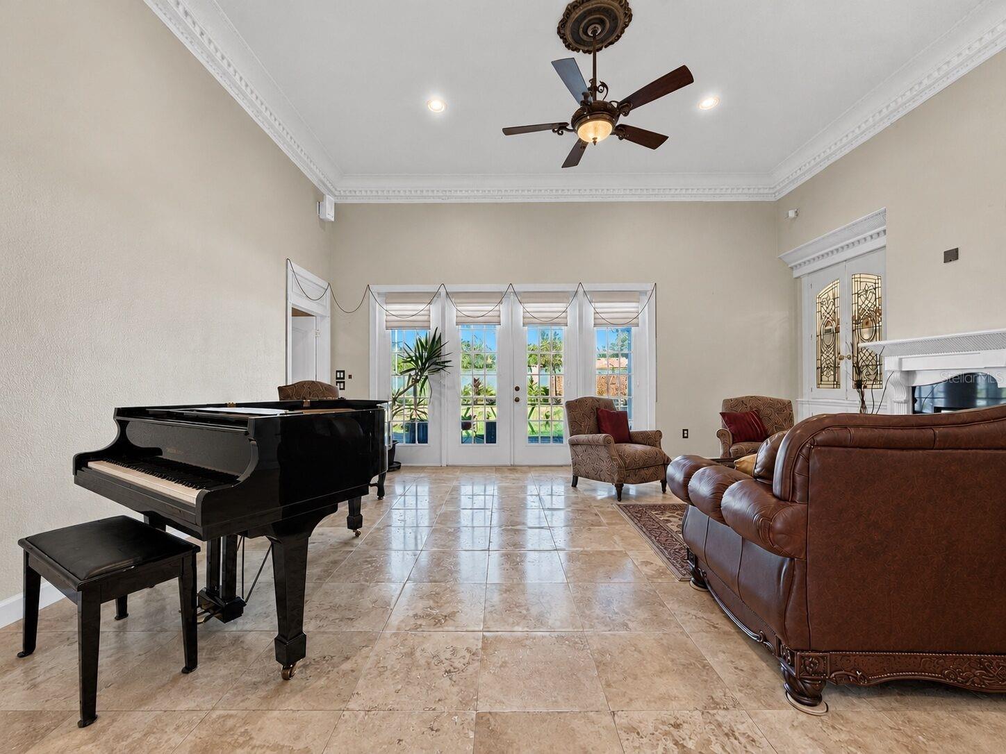 Living room with wood-burning fireplace