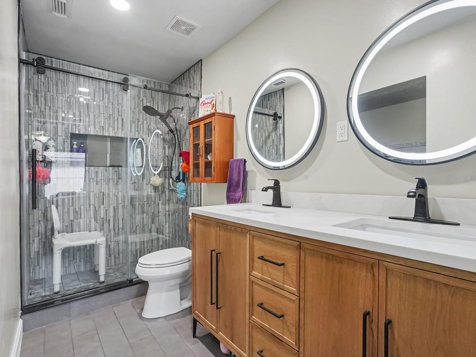Master Bath with Dual Vanity, Large Mirror & Walk-In Shower Master Bath with Dual Vanity, Large Mirror & Walk-In Shower