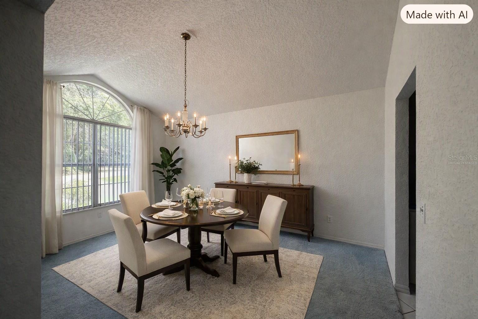 Virtually Staged-Dining Room with vaulted ceiling