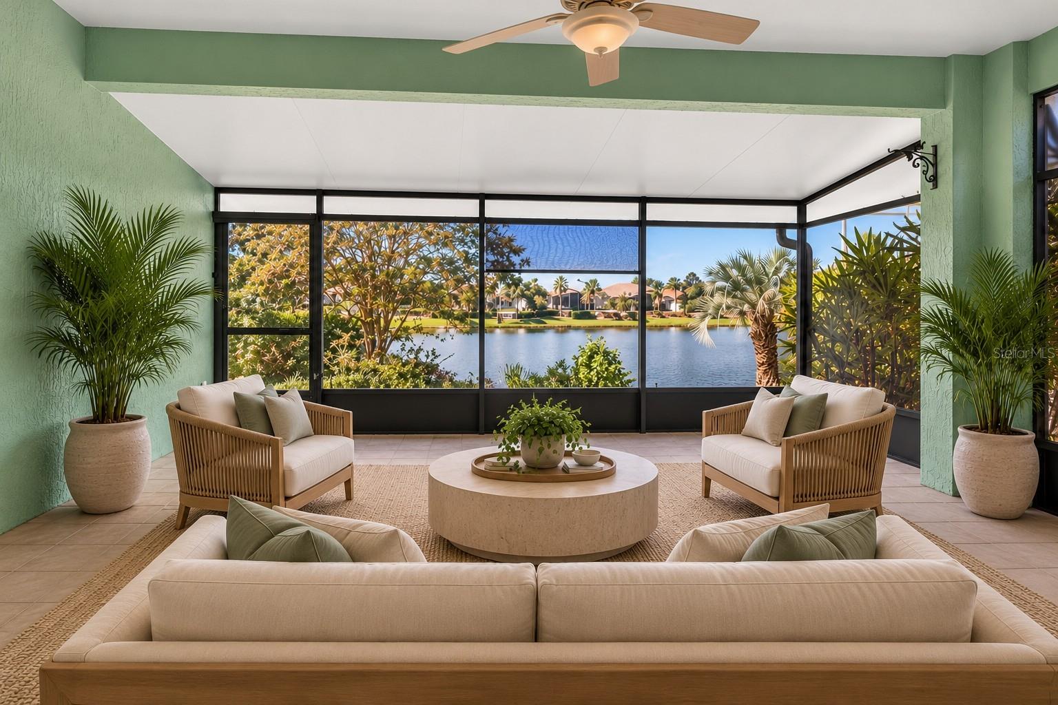 Enclosed lanai with lake view.