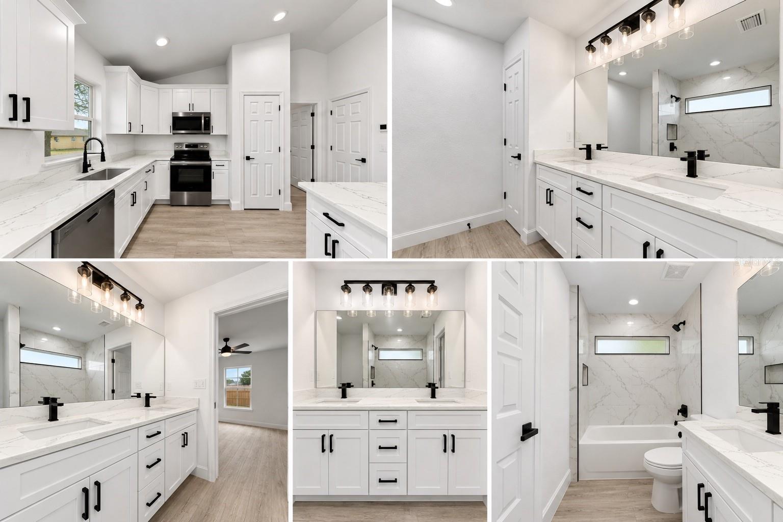 Virtually altered examples of actual fixtures that will be installed versus gold in model home as well as colonial-style doors that actual home will have.