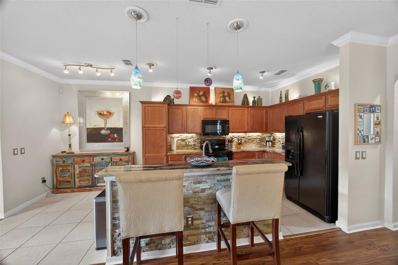 View into kitchen from the living room.
