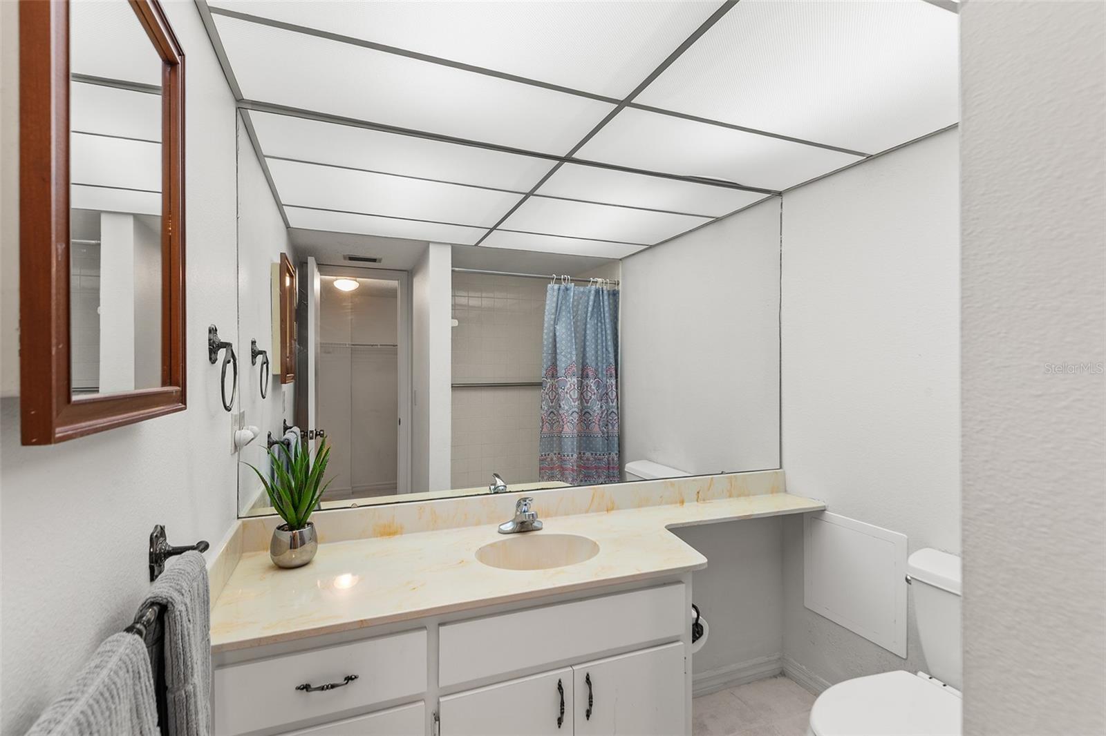 PRIMARY BATHROOM. REFLECTION OF SHOWER IN MIRROR!