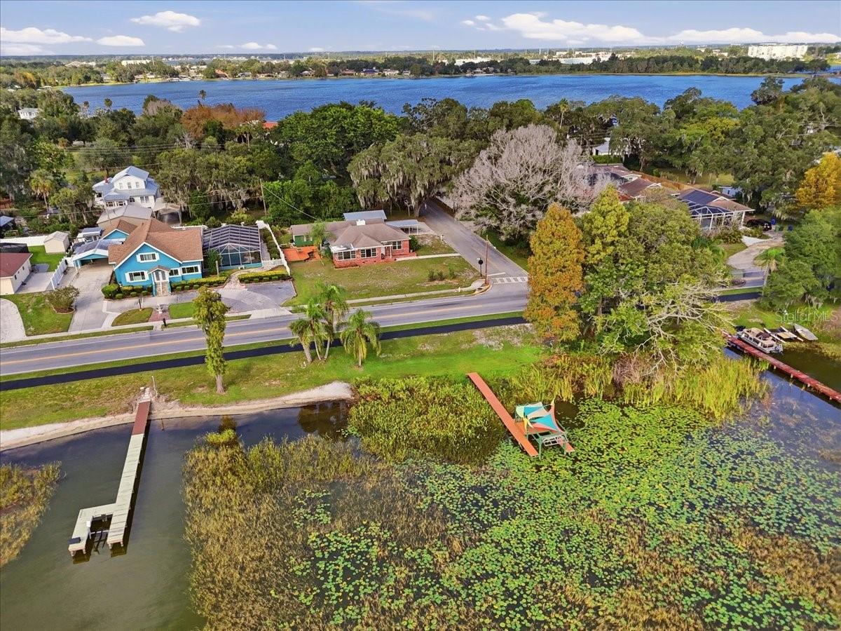 Aerial view of dock, lake & home