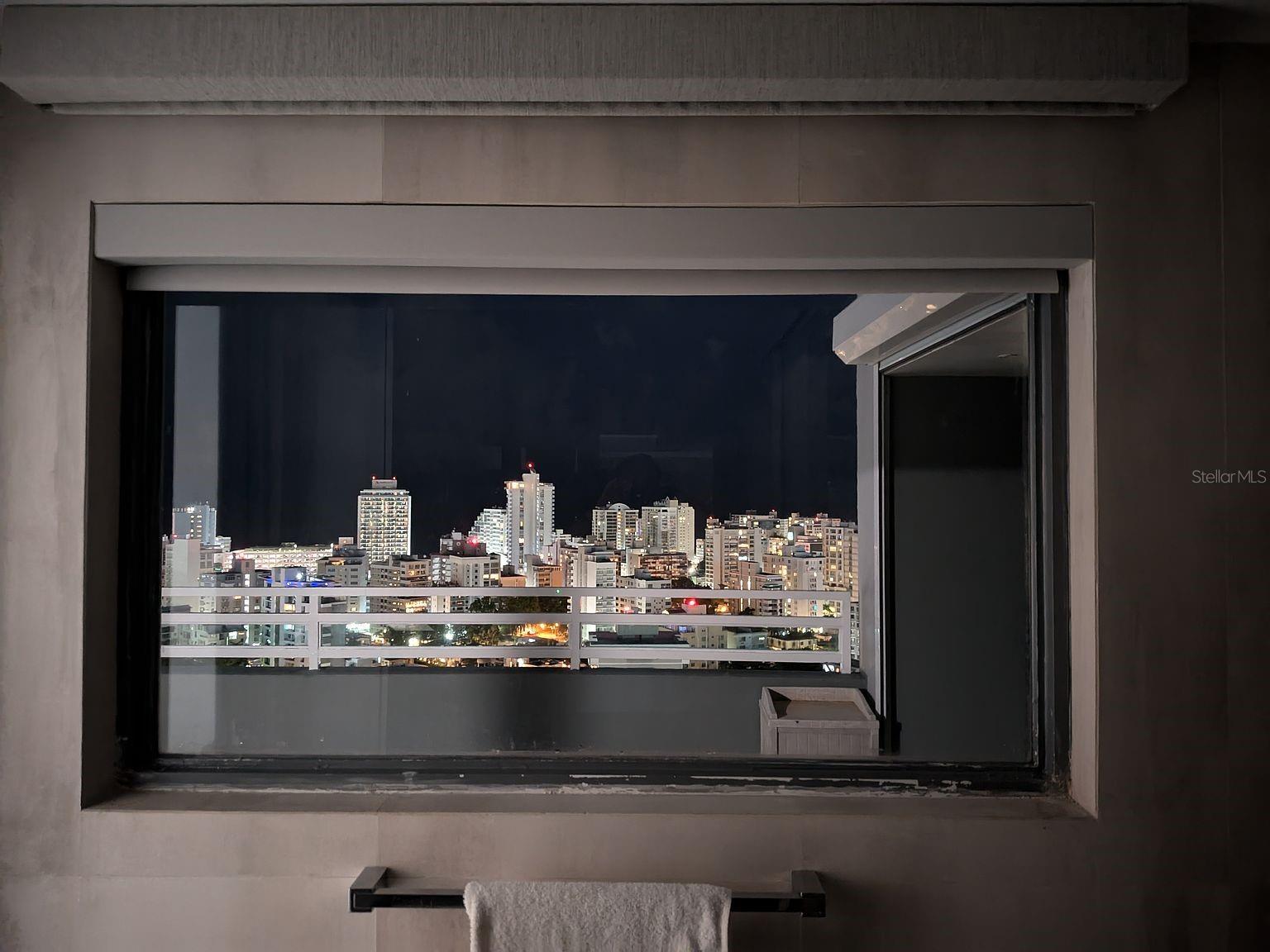 Bathroom window  night skyline view