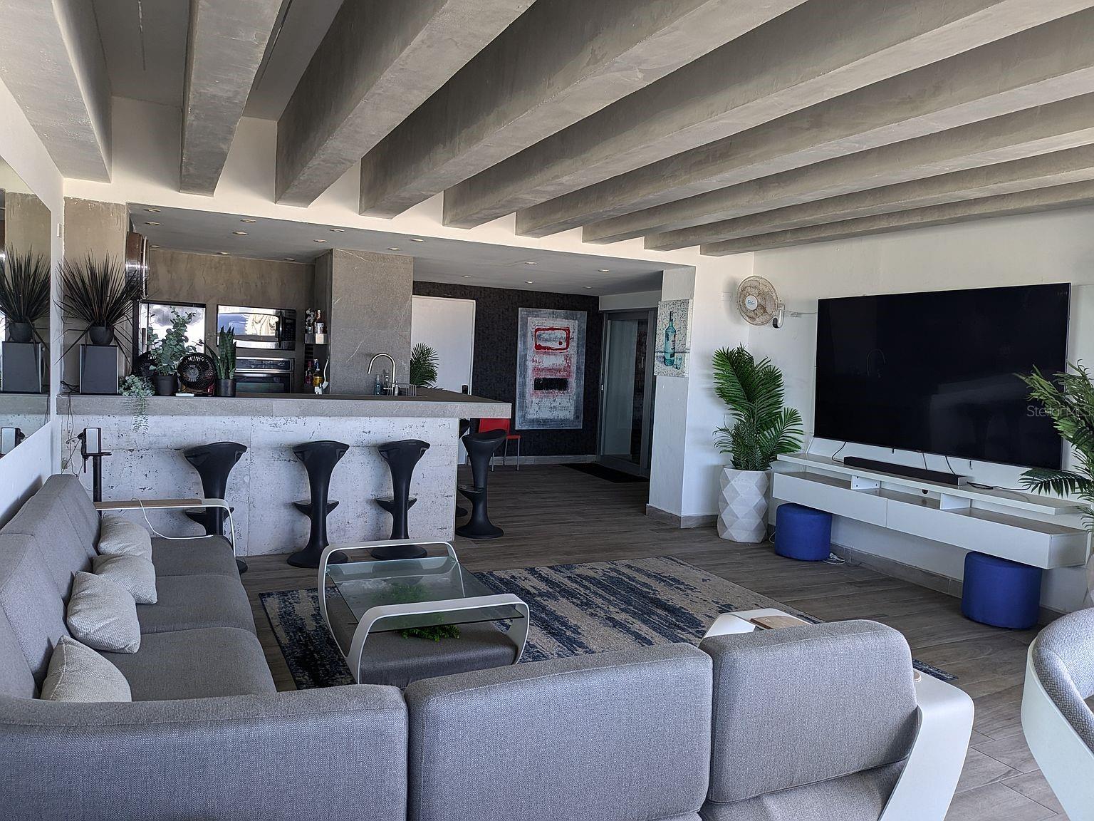 Terrace  full second kitchen and bar with media wall