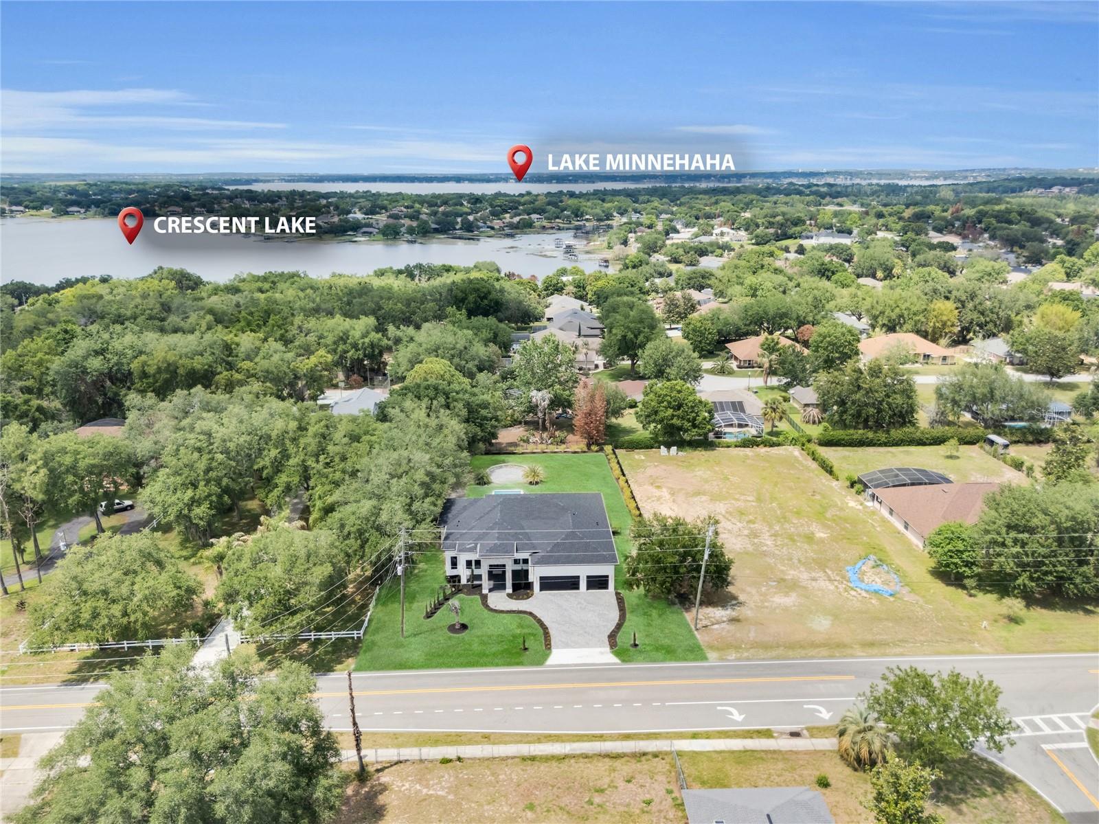 Aerial view of nearby lake area