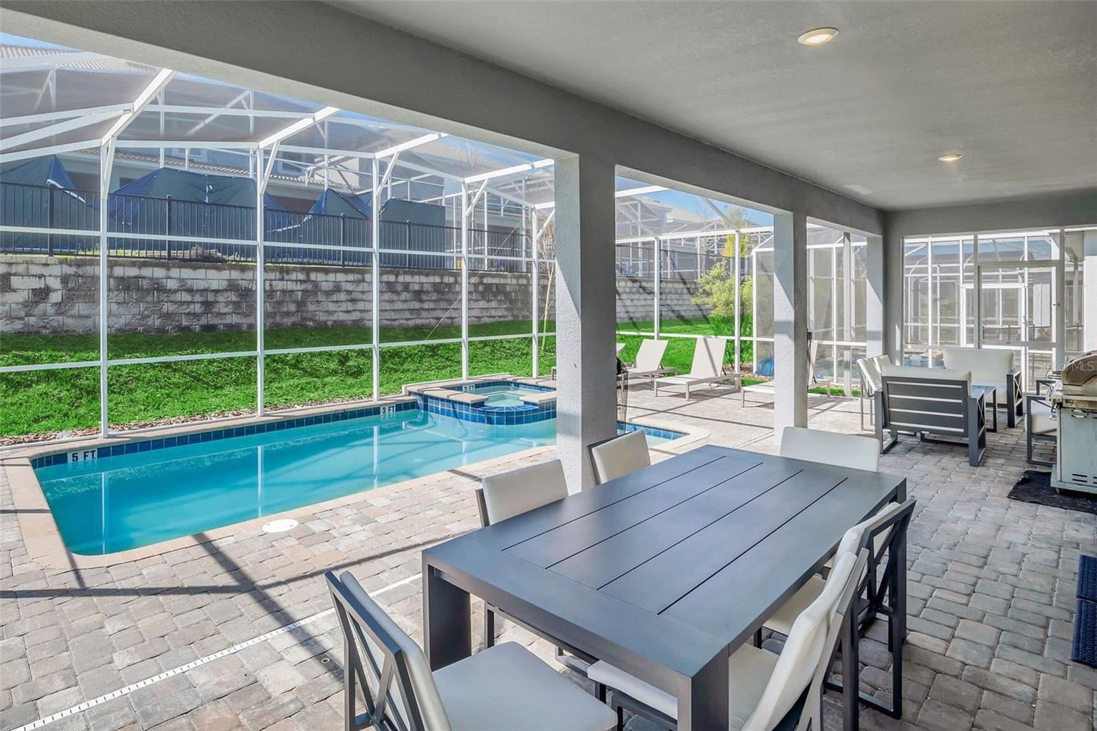 Covered seating on the pool deck