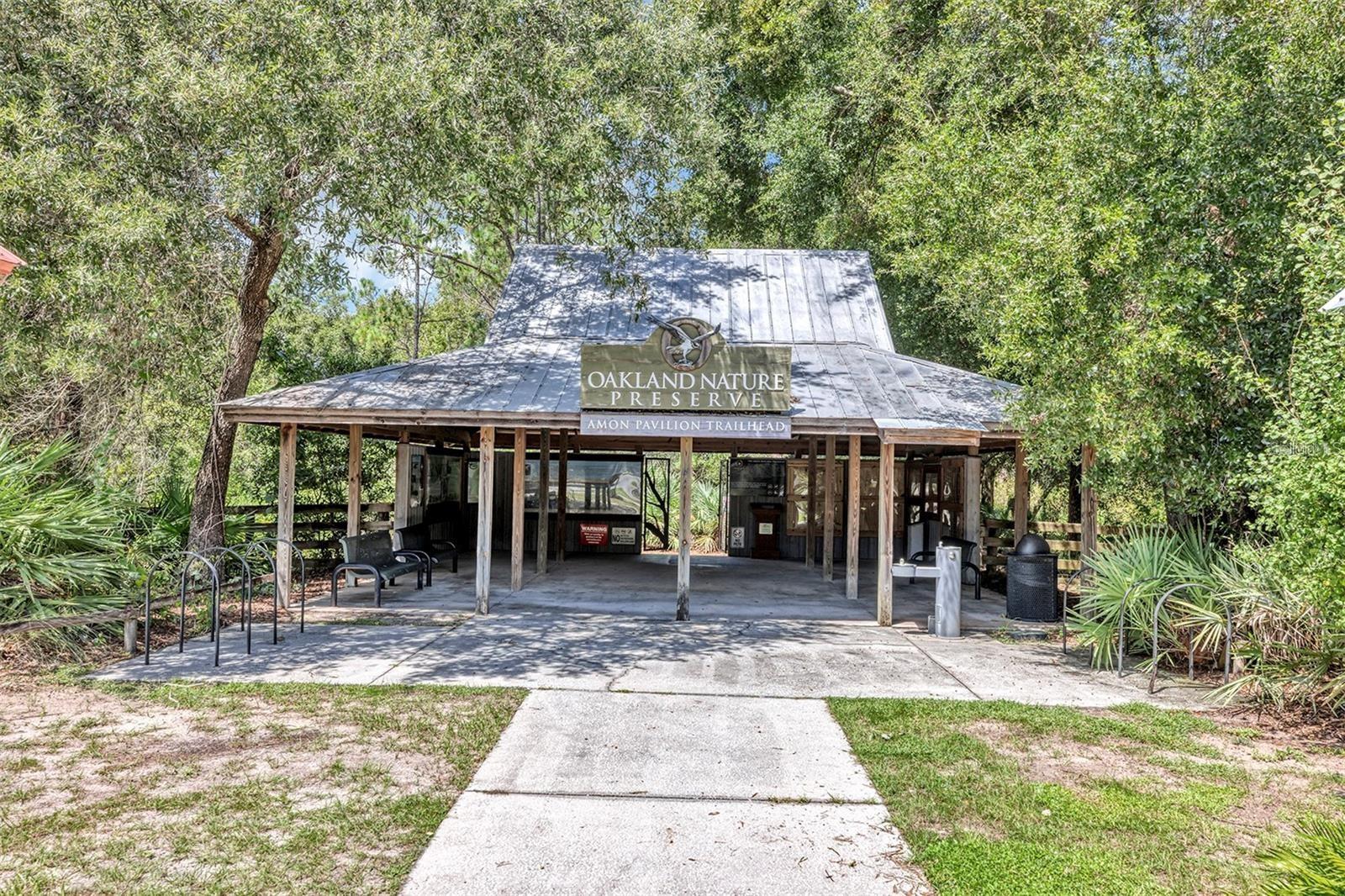 Shaded trailhead pavilion at Oakland Nature Preserve, a welcoming starting point for exploring nature.