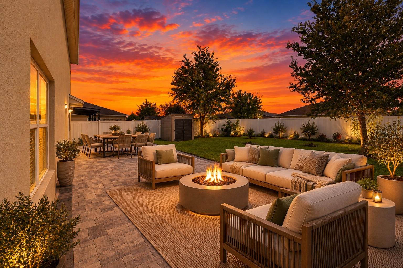 VIRTUALLY STAGED FURNISHINGS AND SUNSET.