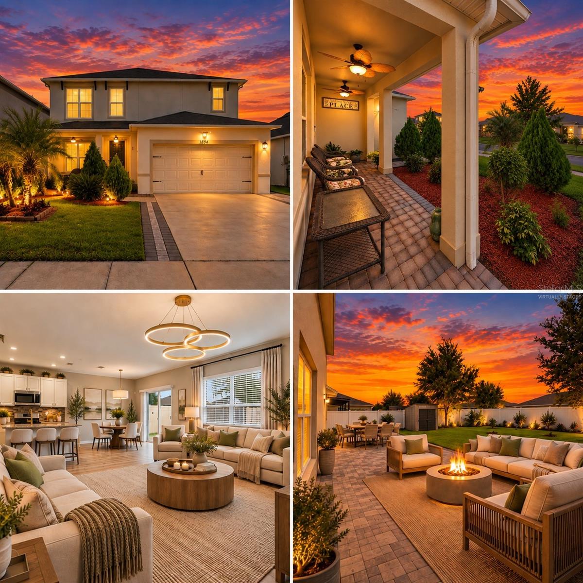 VIRTUALLY STAGED FURNISHINGS AND SUNSET.