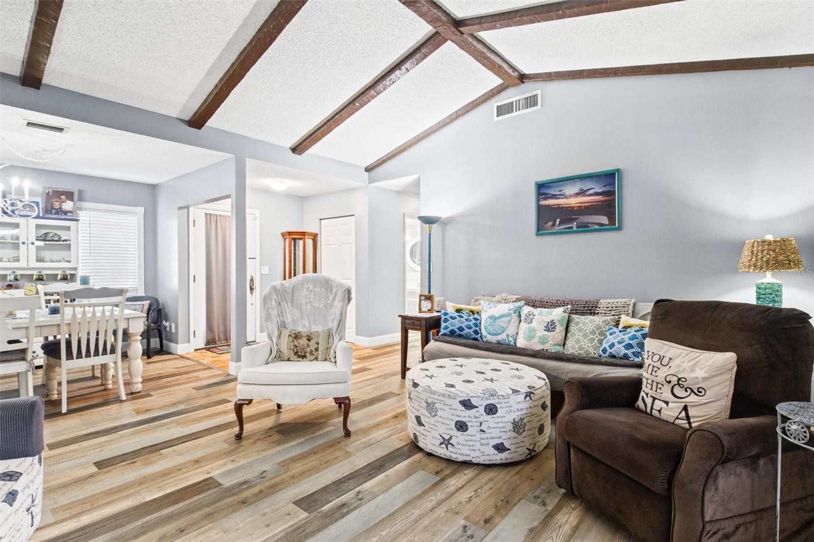 Living Room - Vaulted Ceiling with Wood Beams