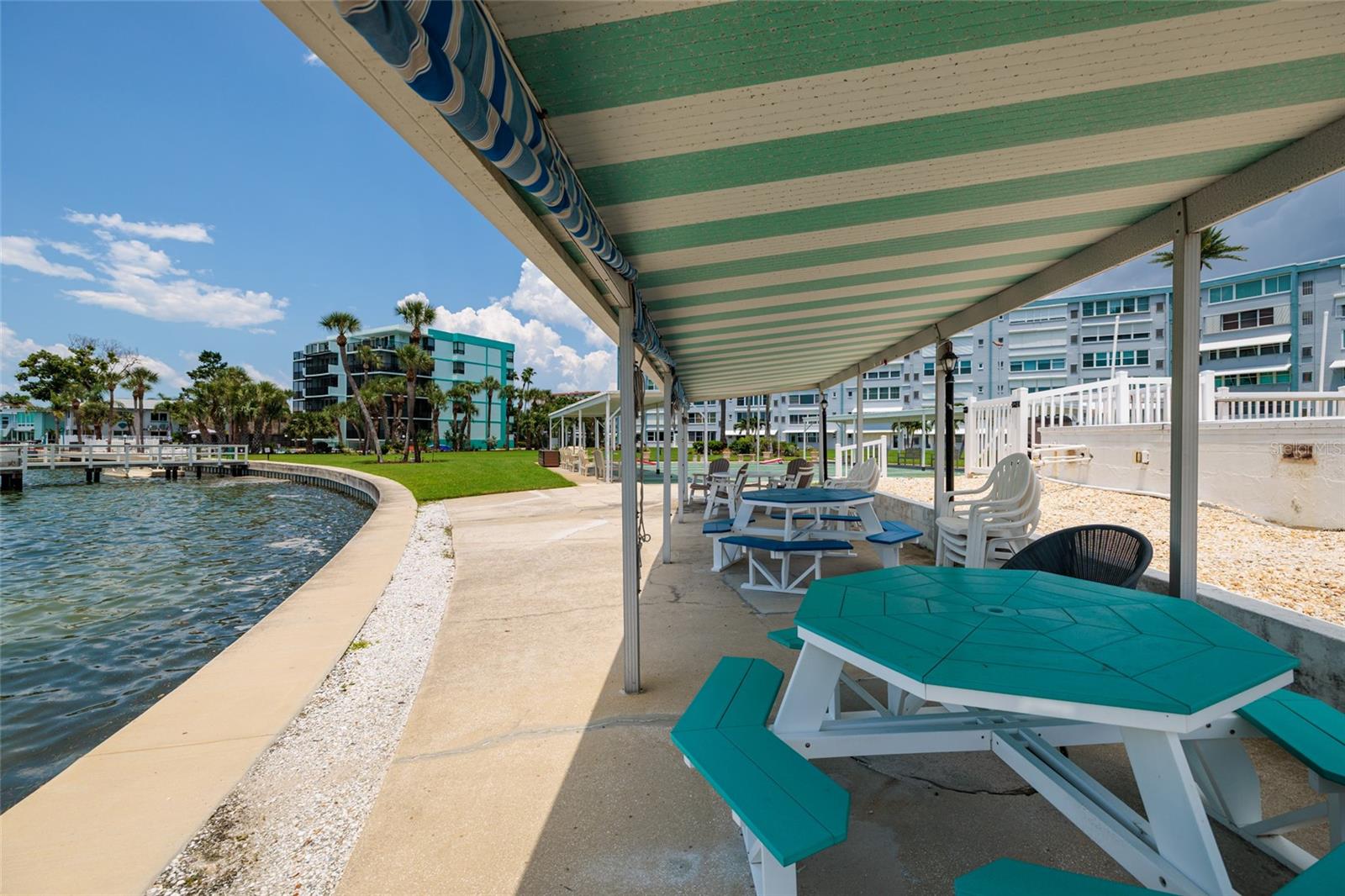 Community waterfront picnic area at the clubhouse. Outside bathrooms at the clubhouse.