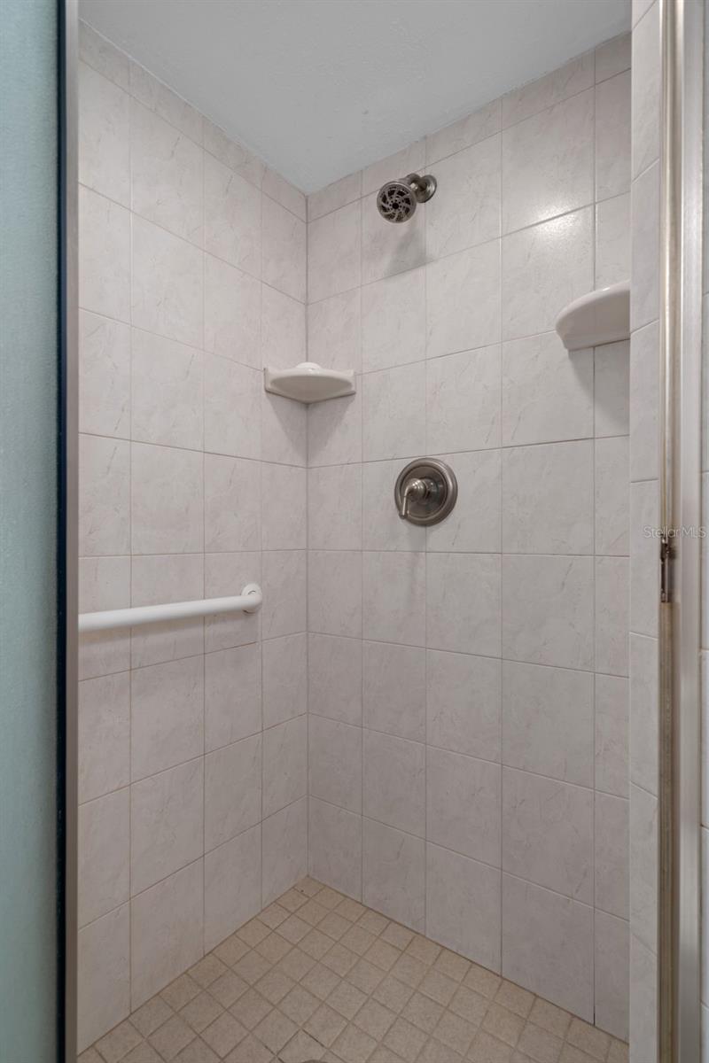 Guest bathroom features a walk-in shower