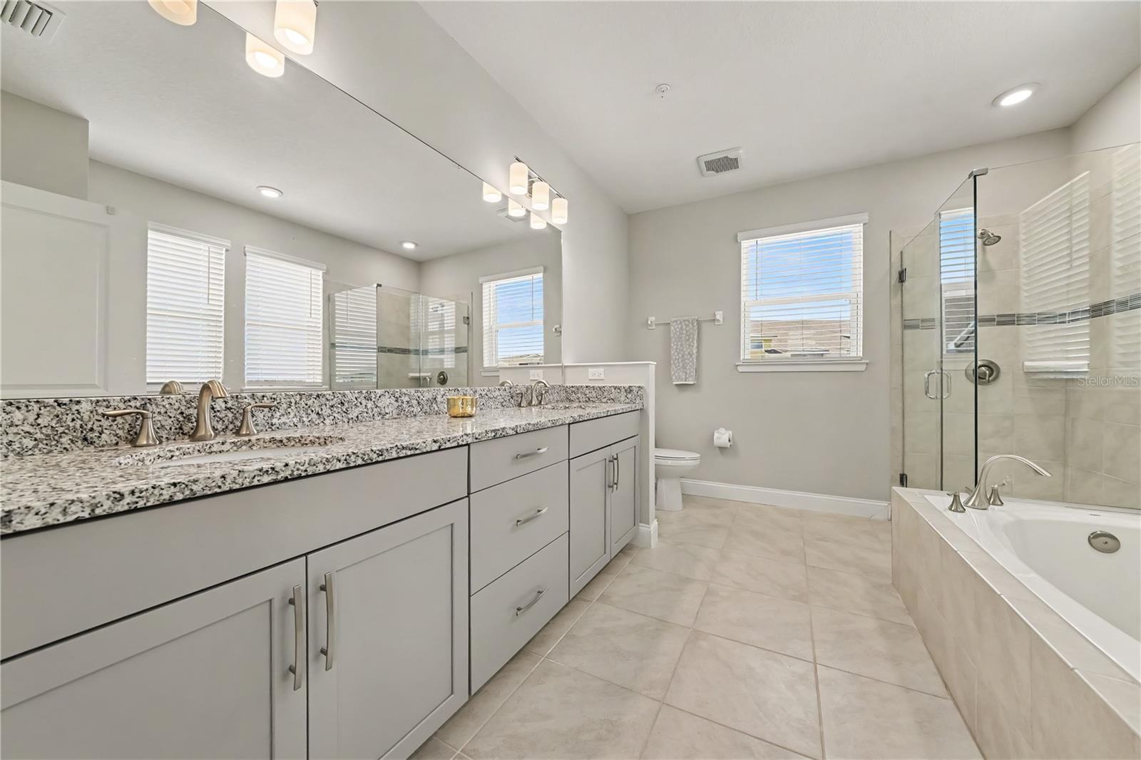 Primary Bedroom Ensuite Bathroom with separate deep tub, oversized shower, dual sink vanity, and linen closet