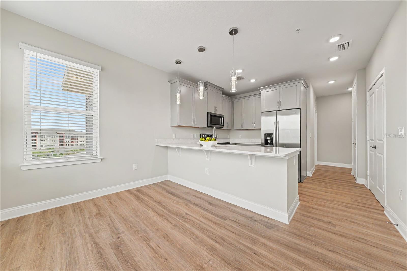 Upgrades through the condo, including stainless steel appliances, pendant lighting, pantry, and additional lighting