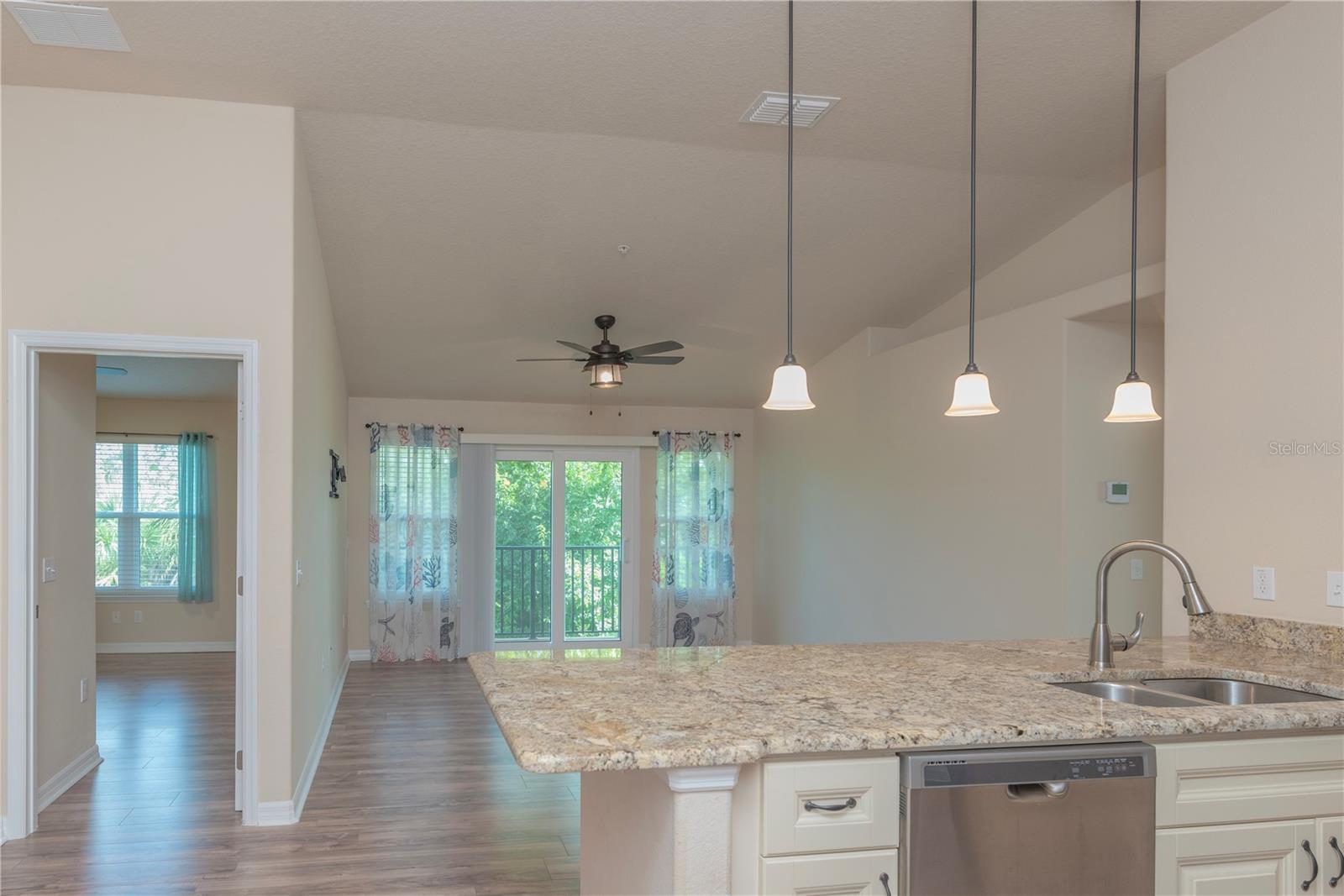 Kitchen and living room.