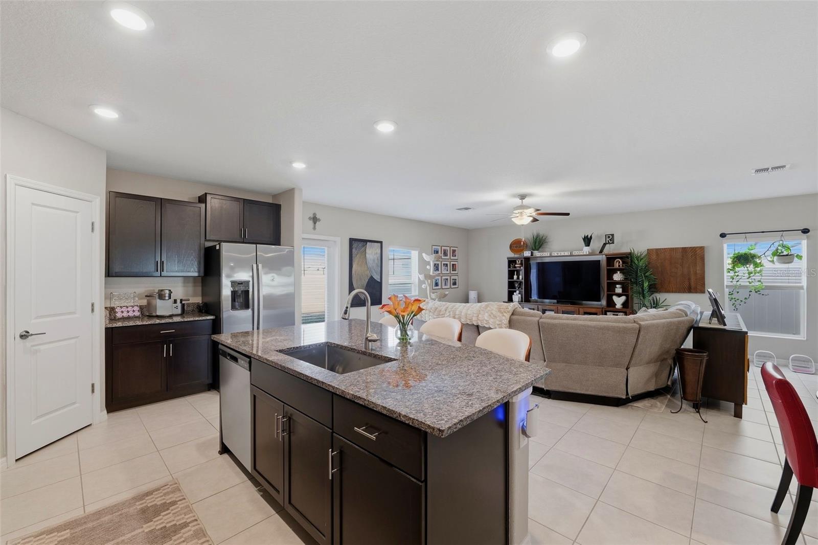 Open kitchen, dining, and living room