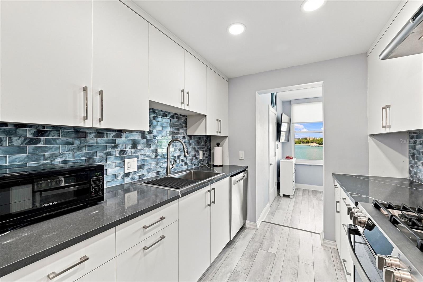 Galley style kitchen, with the view!