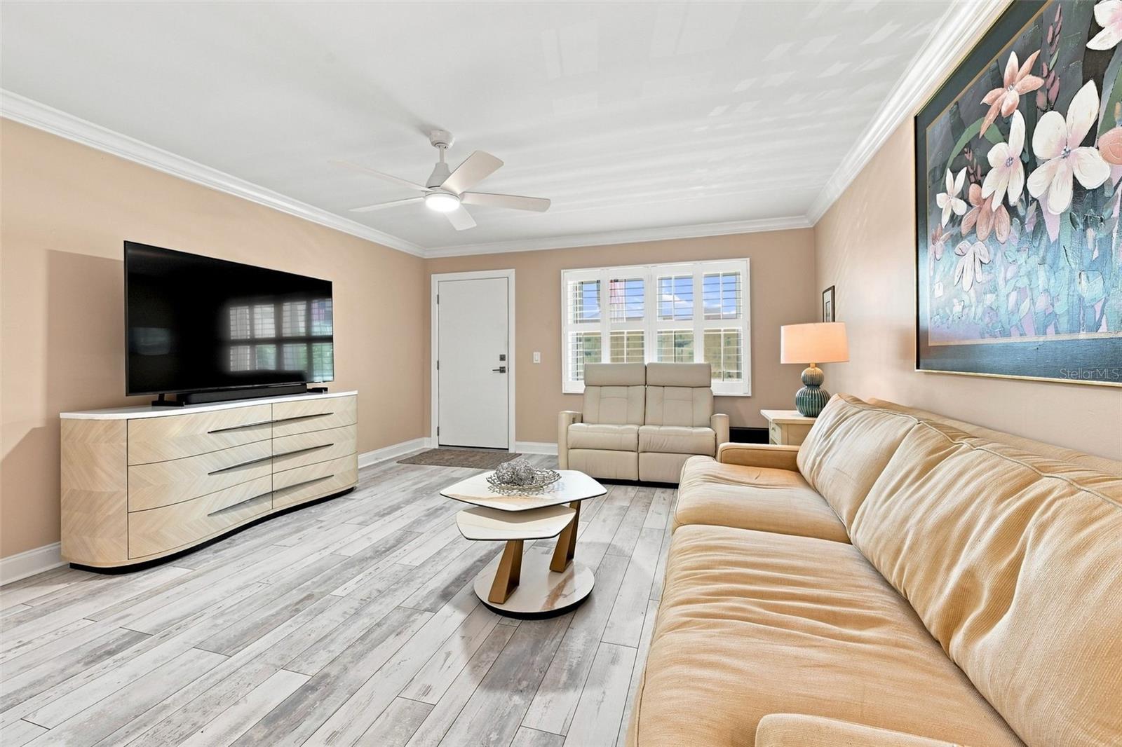 Crown molding, porcelain tile floors