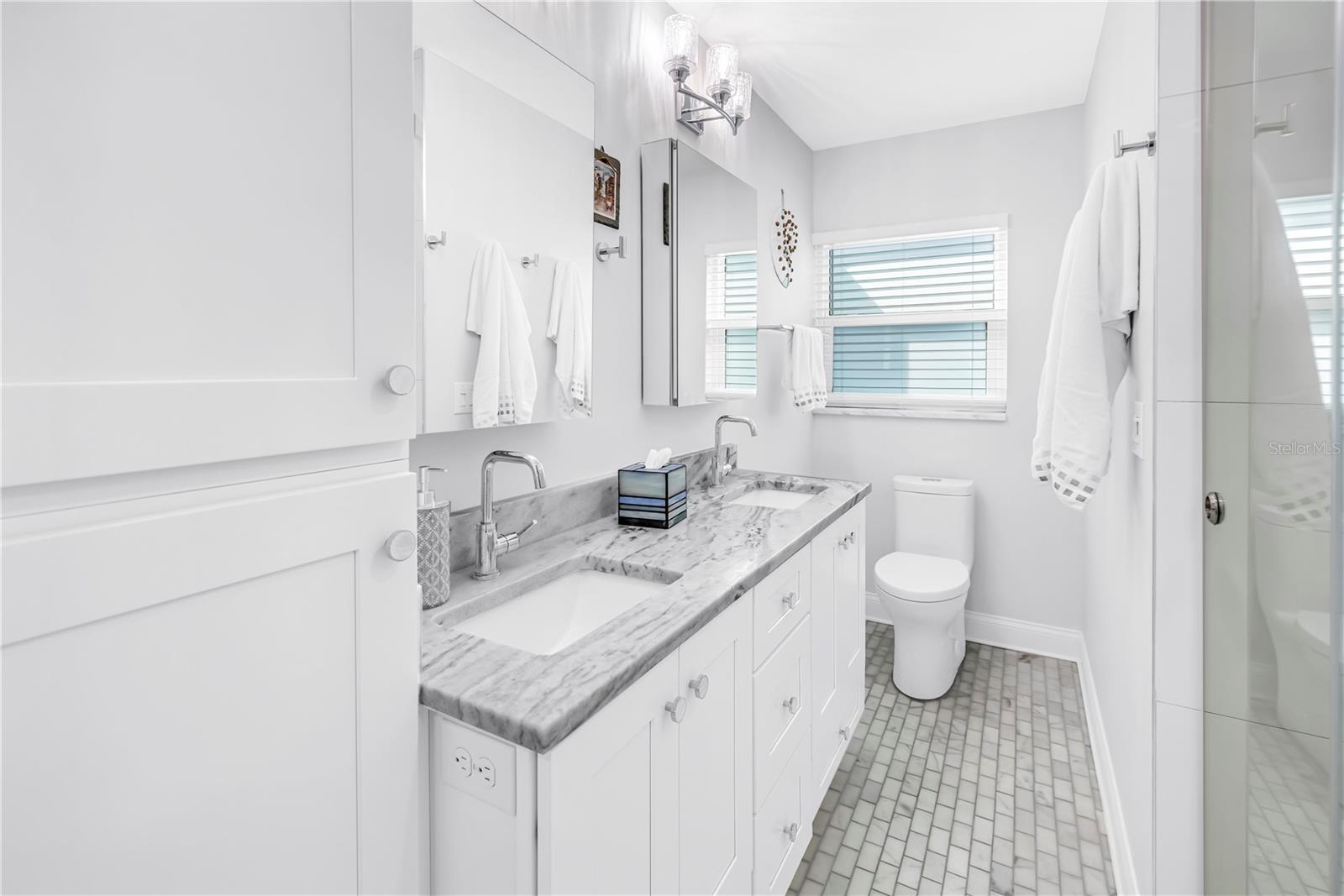 Deep vanity drawers, linen closet and 2 Robern medicine cabinets with dual interior mirrors and electrical outlets.