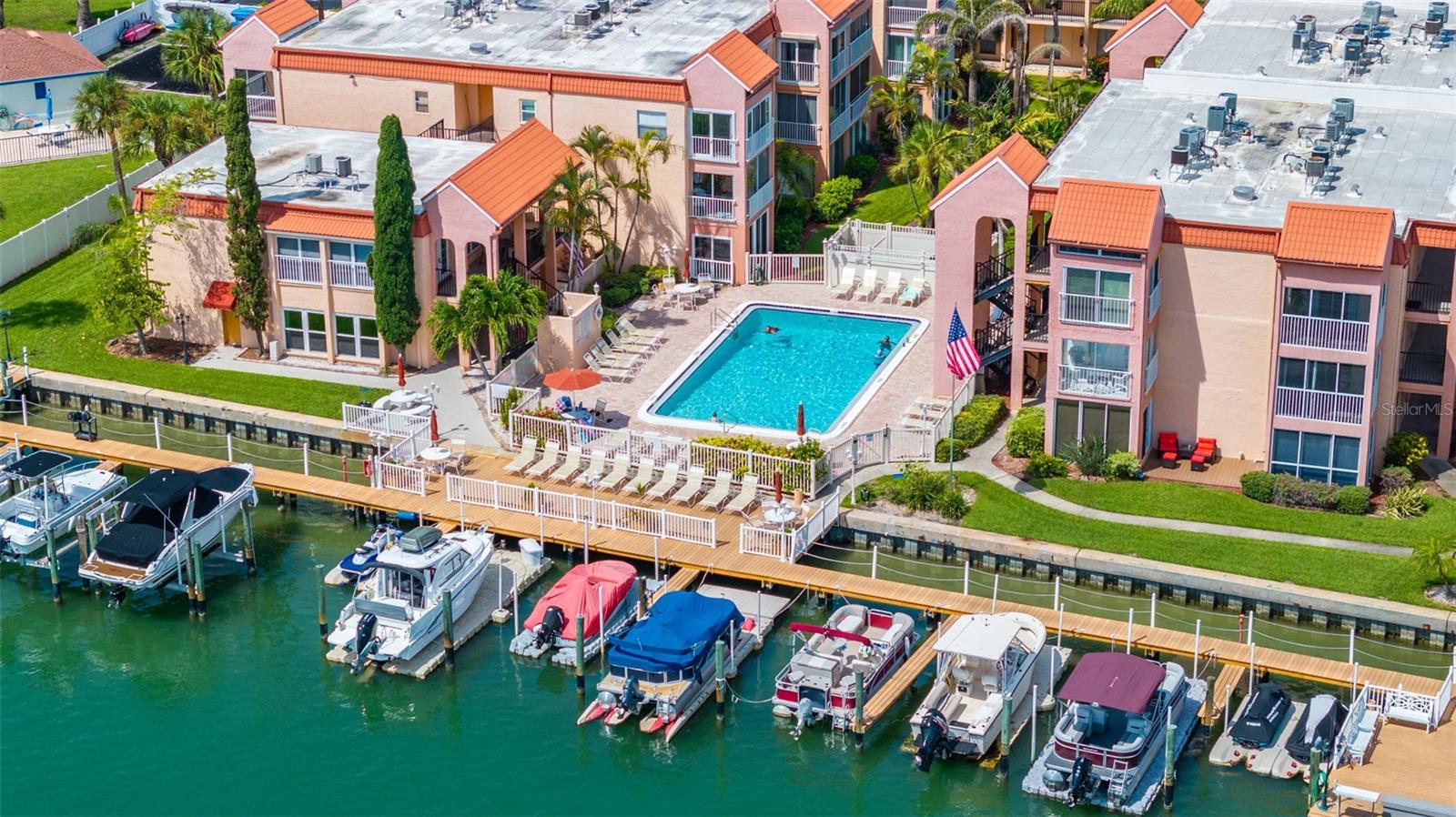 aerial view of deck and pool