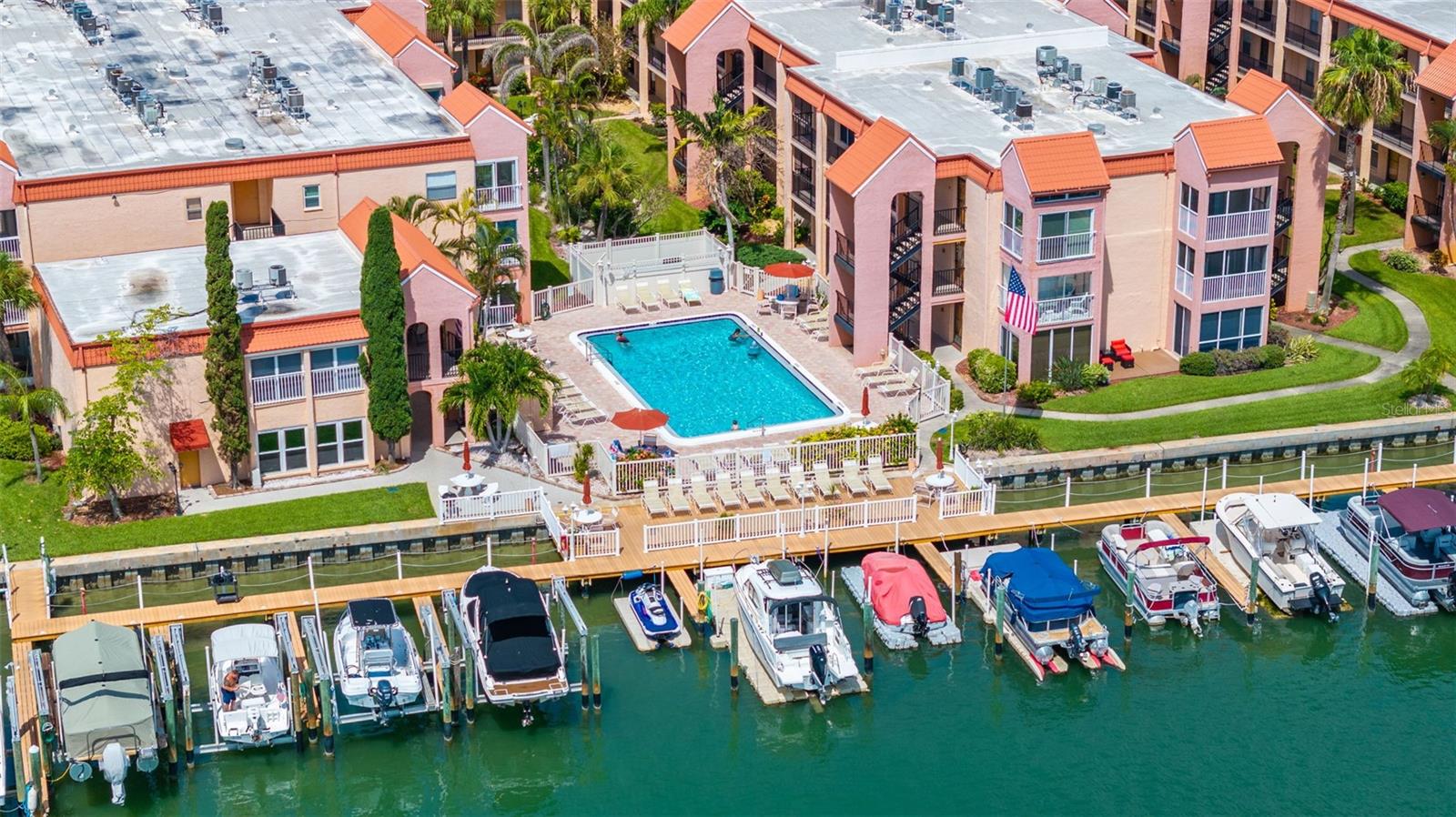 aerial view of deck and pool