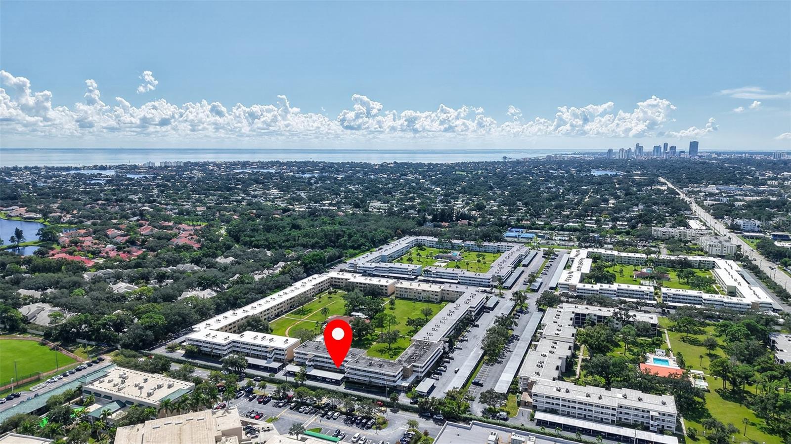 Aerial shot of Winston Park Northeast with DTSP and Tampa Bay,