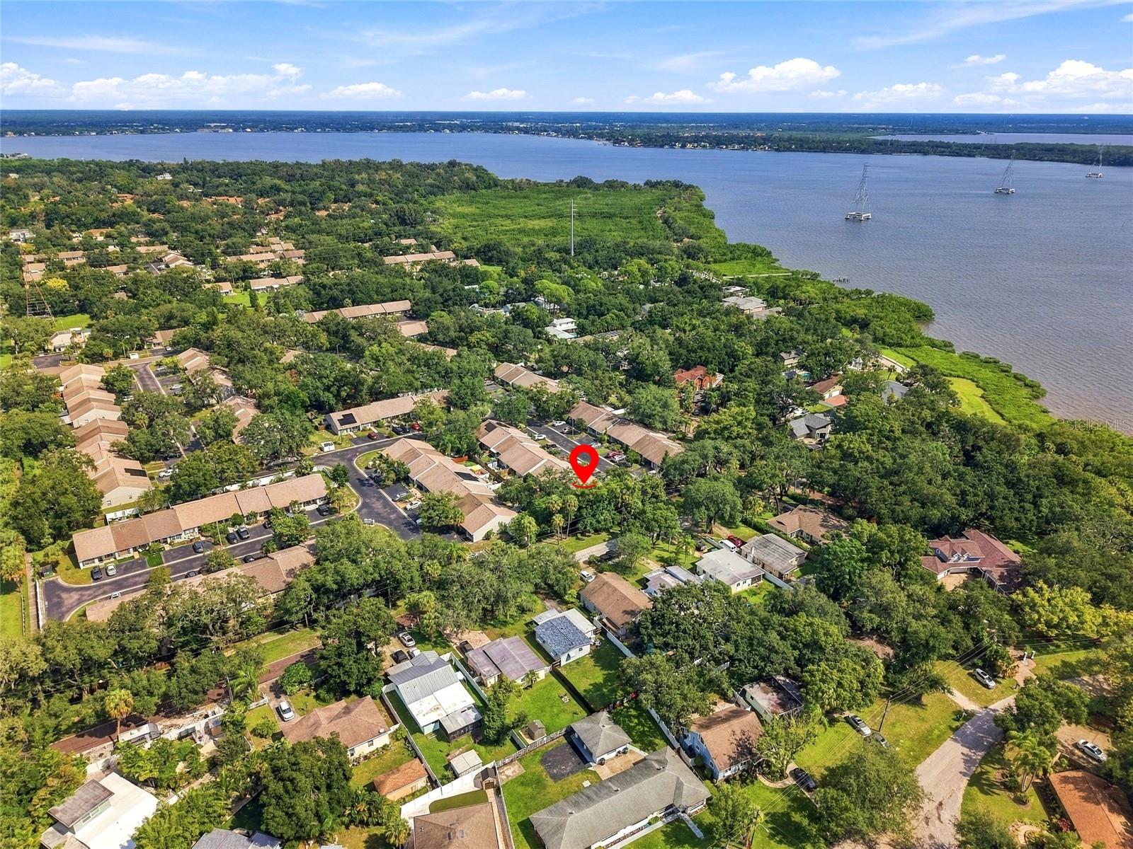 Drone shot showing the proximity to Phillipe Parkway in the upper middle of the photo. It is a short 7 minute walk to the park.