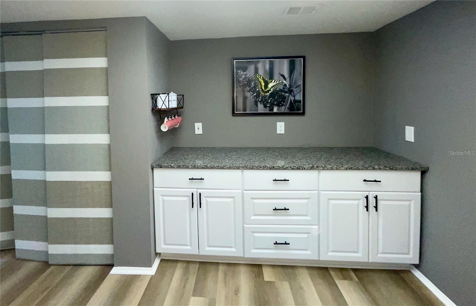 Kitchen pantry closet and coffee bar with extra cabinets