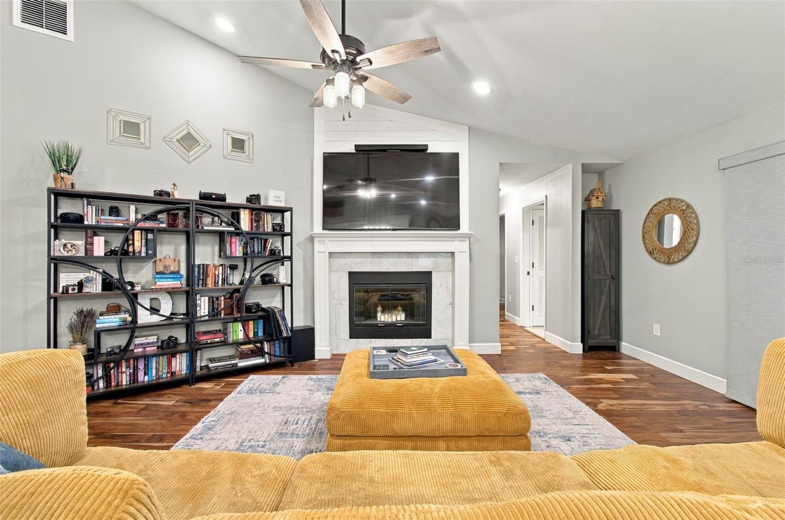 Wood burning fireplace in family room