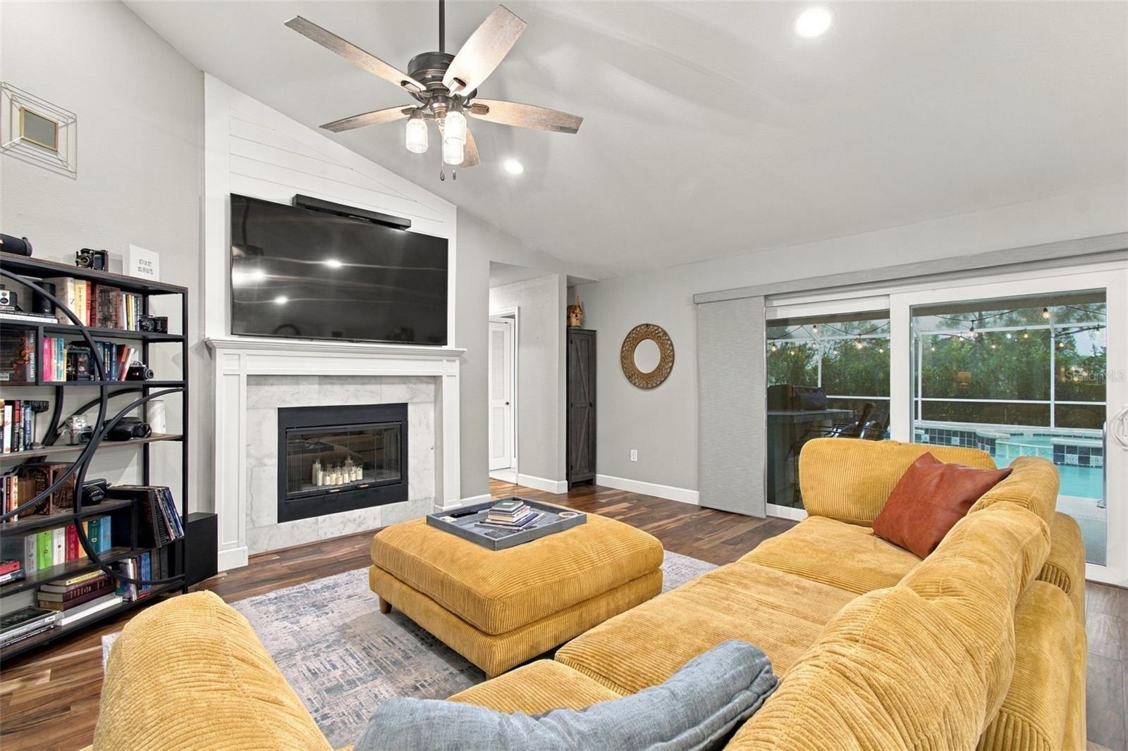 Wood burning fireplace in family room