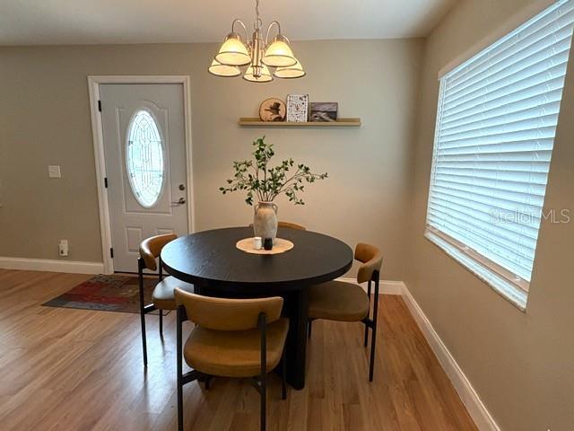 Dining area is elegant with good natural light.