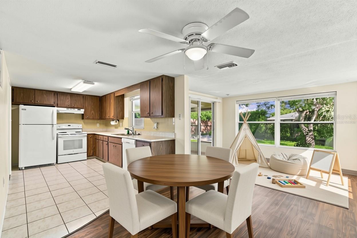 Virtually Staged Kitchen, Dining space and flex space