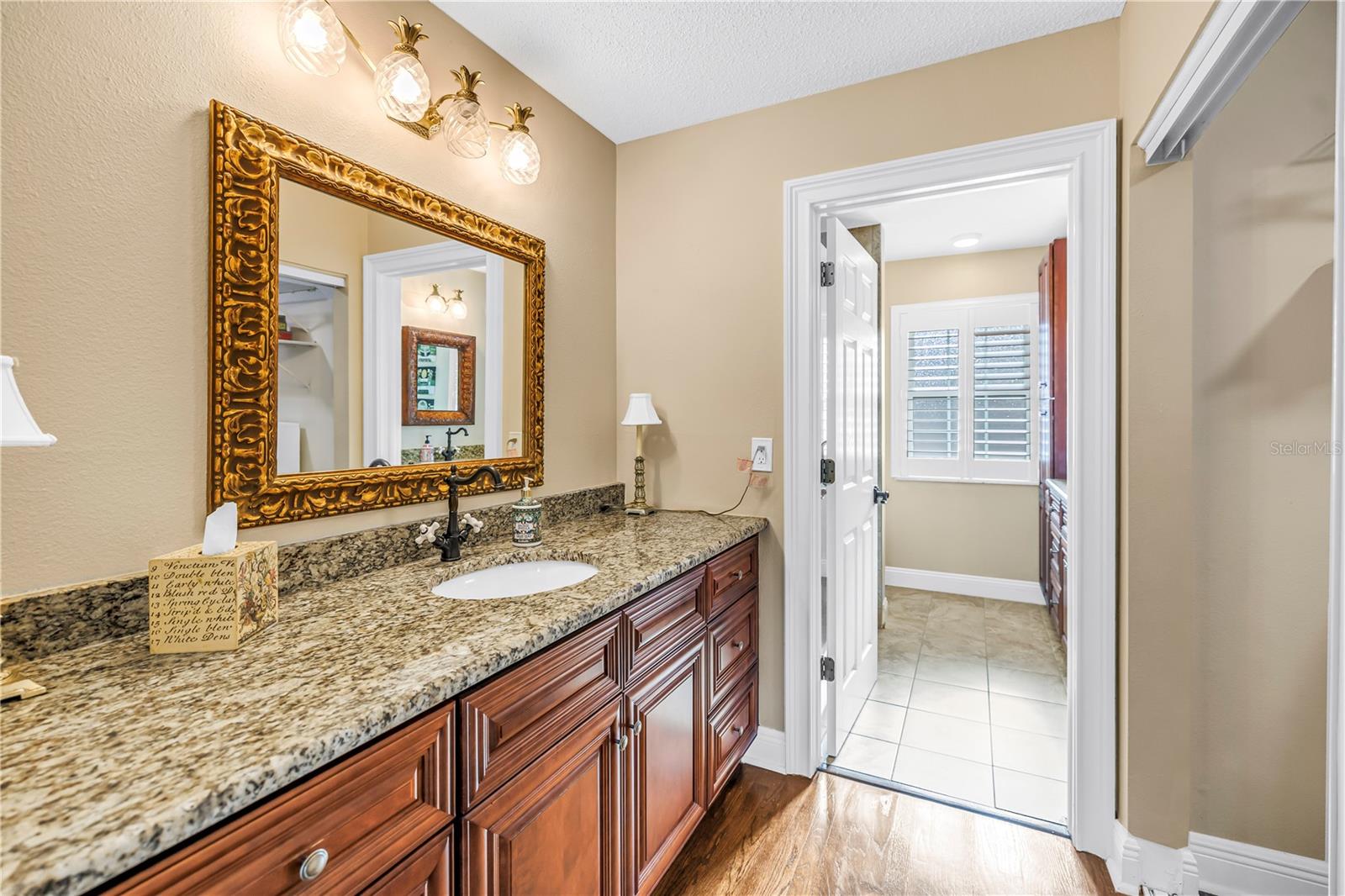 The primary bathroom features high-quality custom solid wood cabinetry, granite countertops, and elegant lighting and bath fixtures.