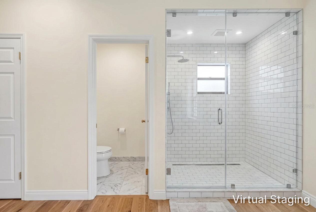 Virtual rendering of new flooring and paint for toilet room and same adjacent shower wall with virtual update to glass walls and tile.