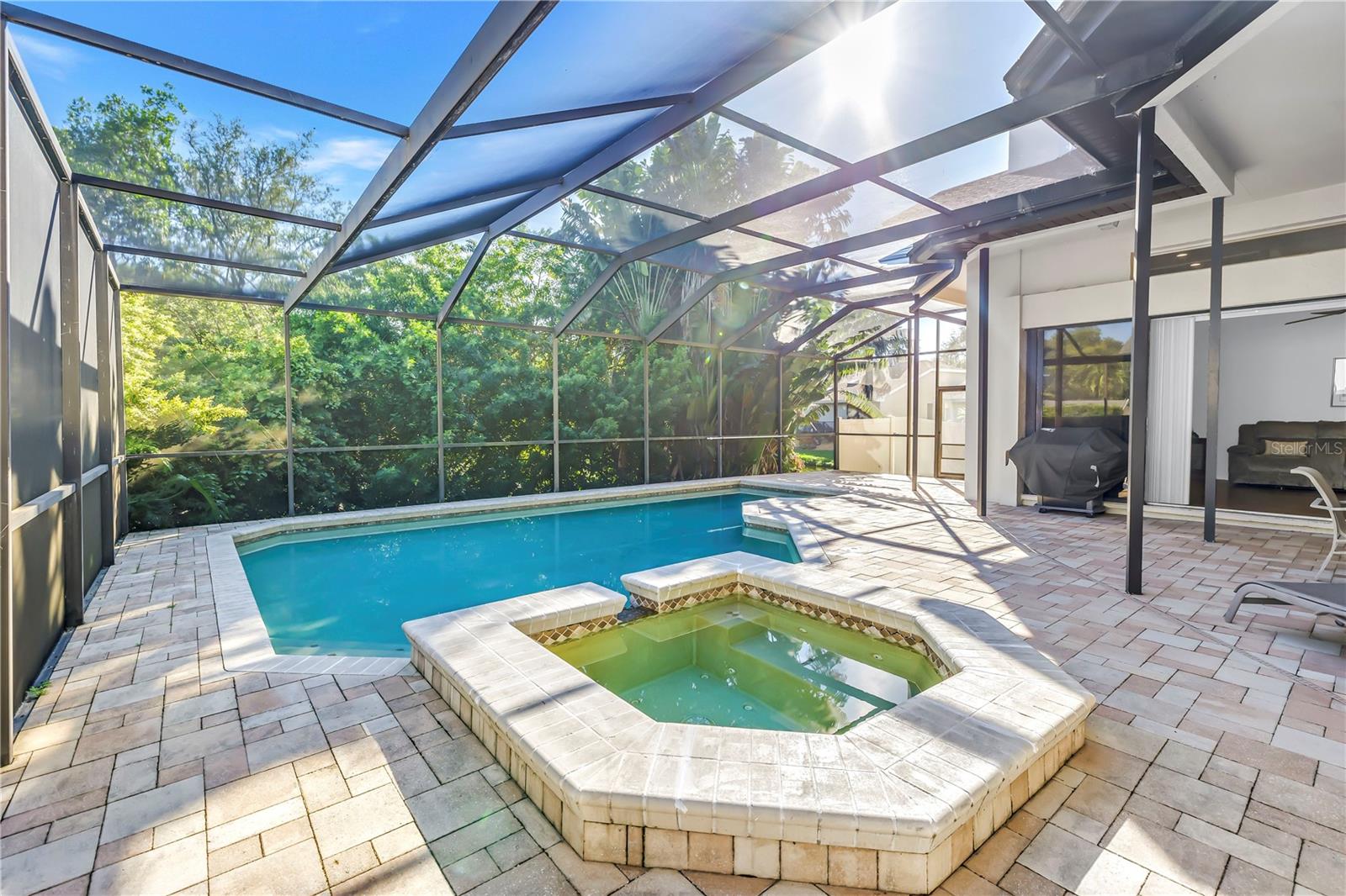 This property features a propane-heated hot tub and a spacious pool, all fully enclosed and protected by a massive screened lanai, creating a true luxury oasis. This property features a propane-heated hot tub and a spacious pool, all fully enclosed and protected by a massive screened lanai, creating a true luxury oasis.