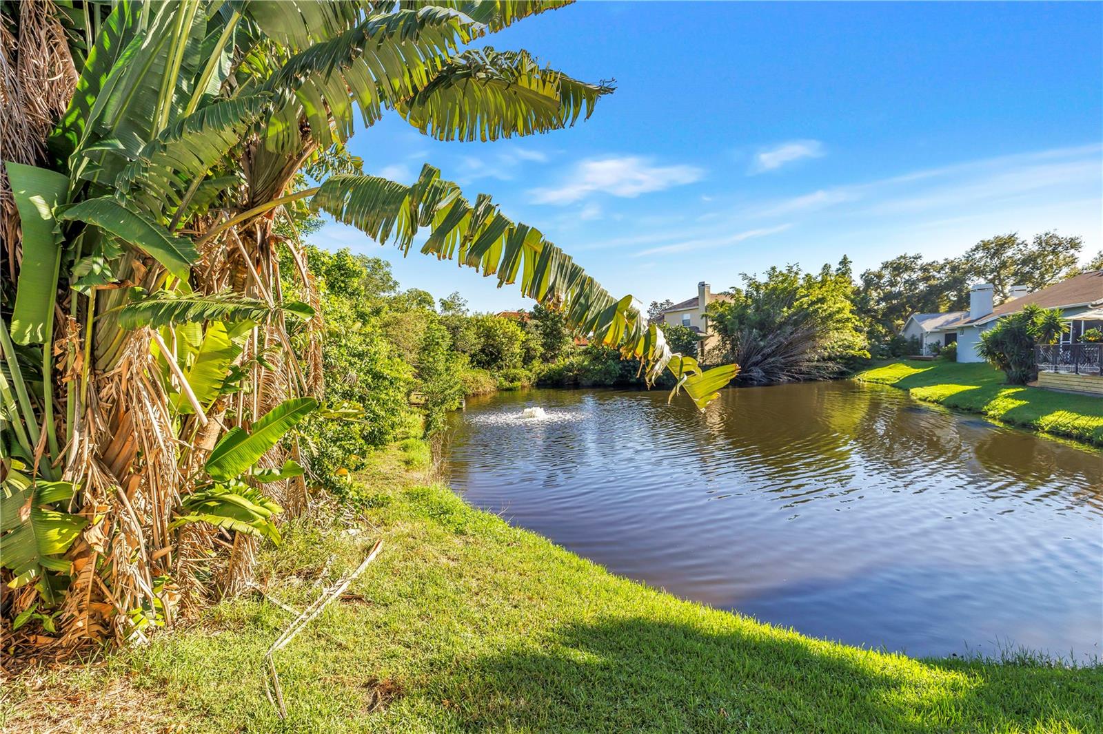 Beautiful neighborhood pond featuring a scenic water fountain. Beautiful neighborhood pond featuring a scenic water fountain.