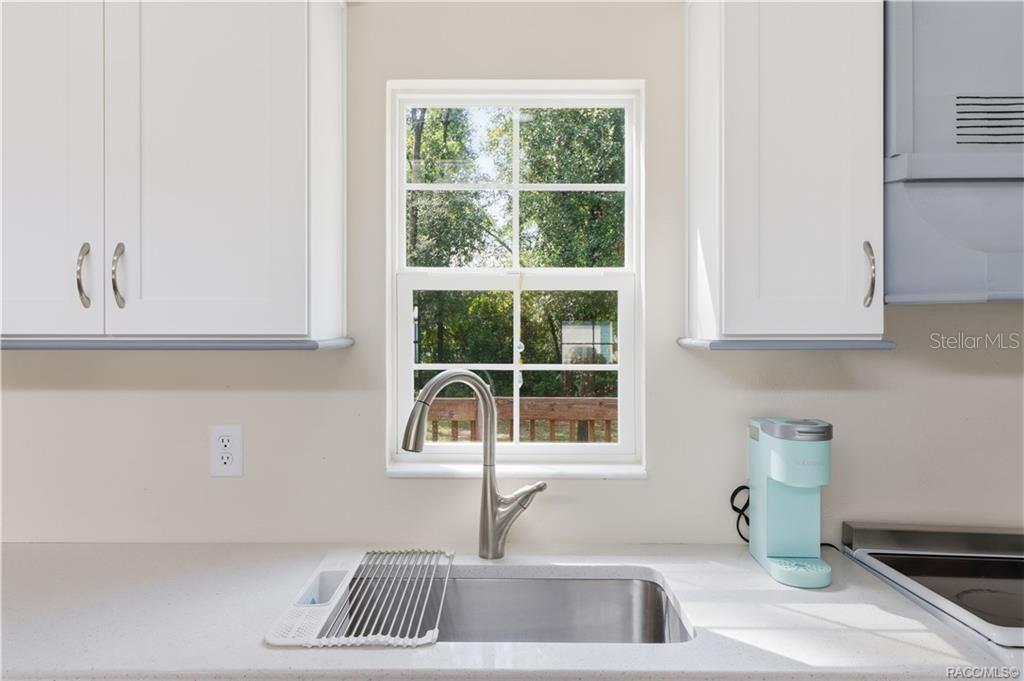 Kitchen Sink & Window  Stainless-steel sink w/pull-down faucet, solid surface countertop & window overlooking the greenery outside.